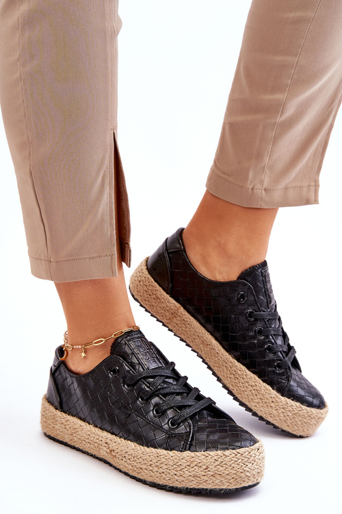 Zviazané espadrilles na pletenej veľkej hviezde JJ274396 čierna platforma