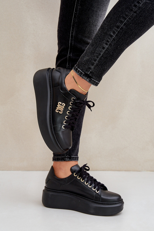 Tenisky Z Pravej Kože Na Platforme Zlatá Dekorácia Lewski 3428 Čierne