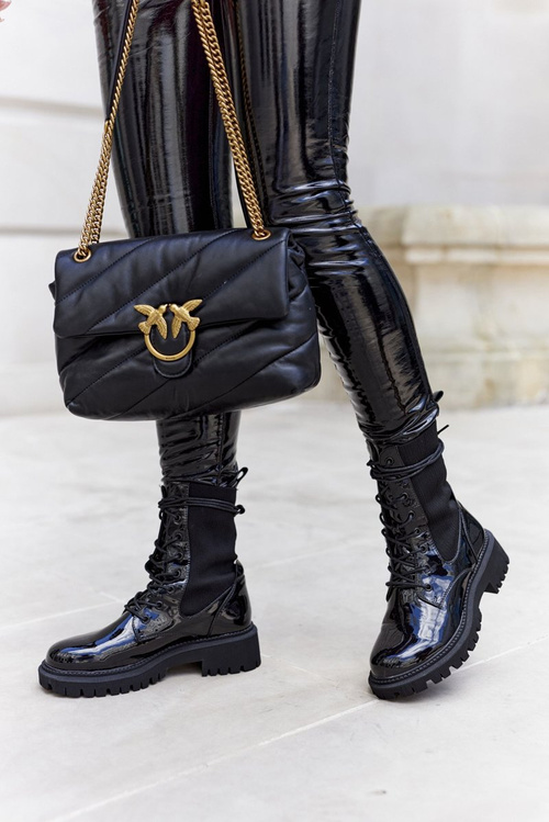 Dámské Kotníkové Ploché Workery Lakované Boty Cerne Maxine