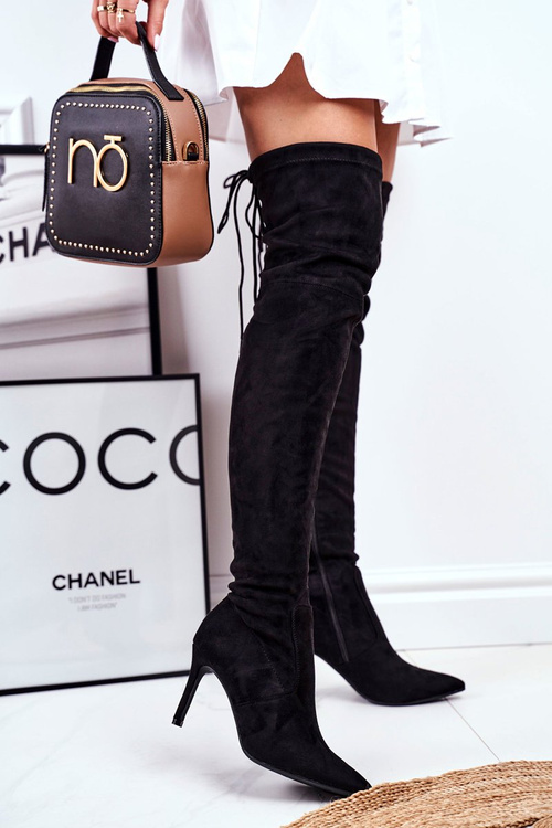 Dámské Kozačky Na Jehlovym Podpatku Semišové Černé Huanto