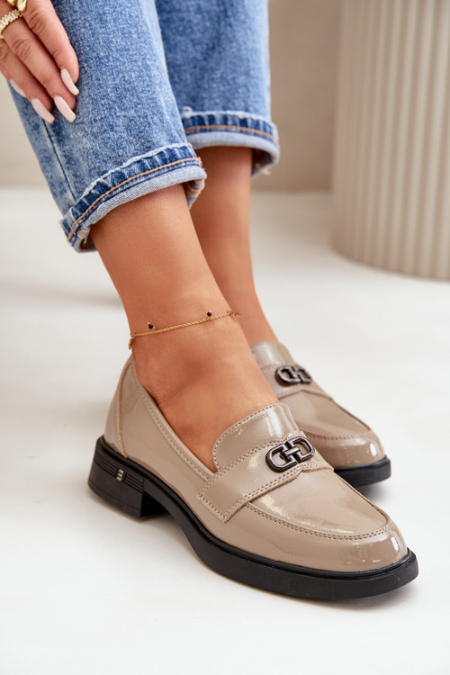 Lakované dámské mokasíny z přírodní kůže khaki Vinceza 58409