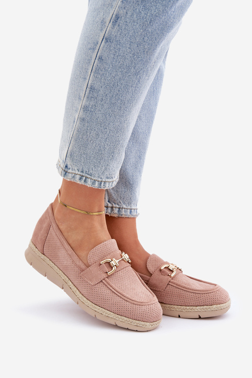 Dámské mokasíny s perforací a zlatým detailem a jutovým pletením růžové Lainer