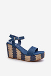 Dámske džínové sandále na klinu s pletením modré Reviala