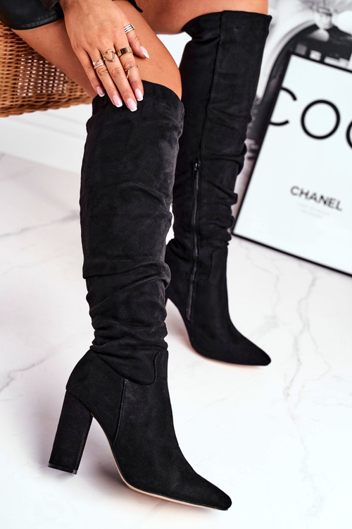 Dámské Kozačky Na Podpatku Semišové Černé Pomestro