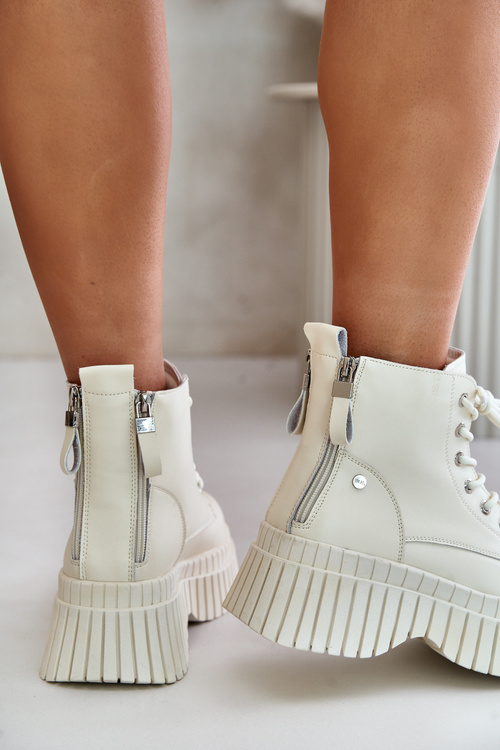 Zateplené Kožené Čižmy Na Masívnej Podošve Svetlo Béžové GOE OO2N4127