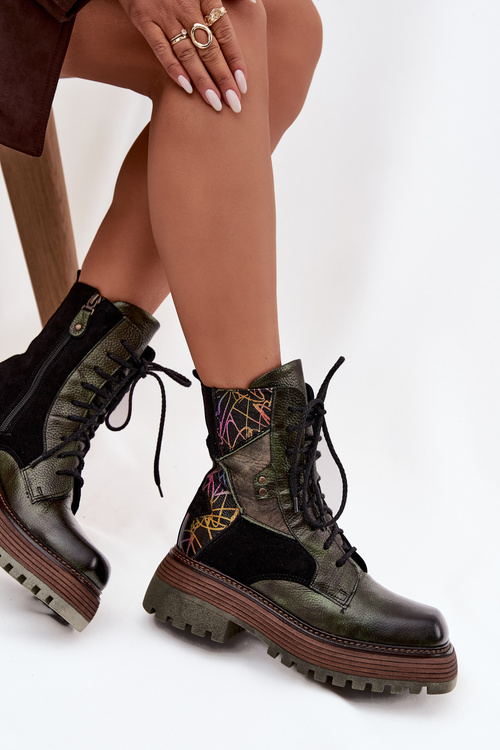 Kožené pracovné čižmy pre ženy na platforme Maciejka 07104-09 Tmavozelená