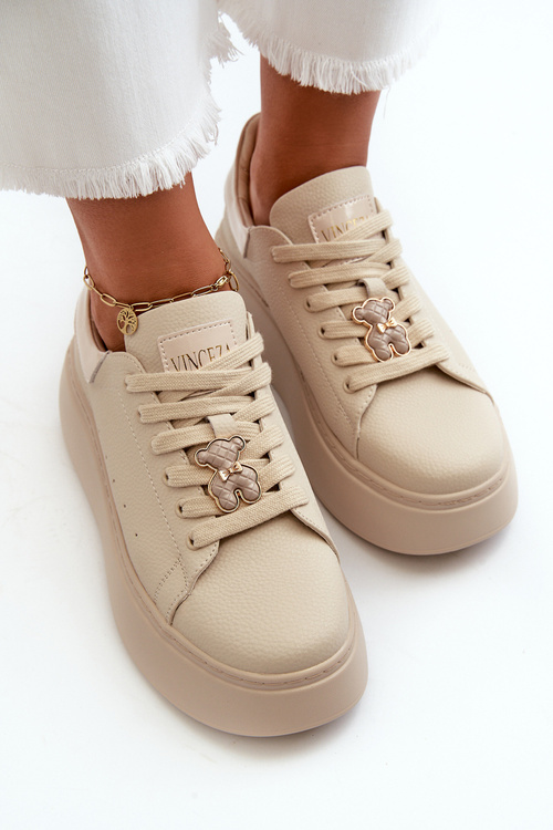 Dámske kožené tenisky na platforme s mašľou béžové Vinceza 66641