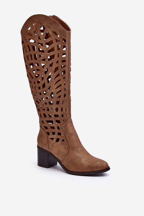 Průsvitné kozačky na podpatku hnědé Pinkema