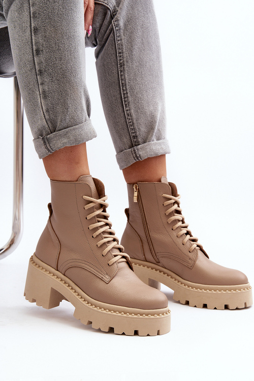 Zazoo 3413 Dámské kožené botky na robustním podpatku béžové