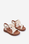 Lakované dětské sandálky s mašlí na suchý zip světle béžové Joratia