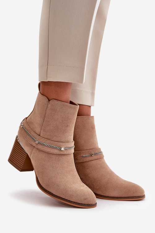 Zateplené dámské boty na podpatku s řetízkem eko semišové béžové Hanalen