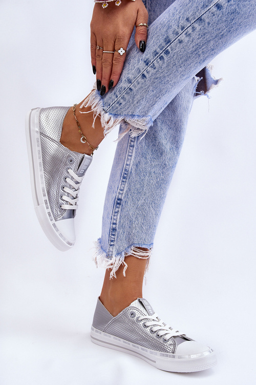 Dámska kožená koža veľká hviezda LL274016 Strieborné tenisky