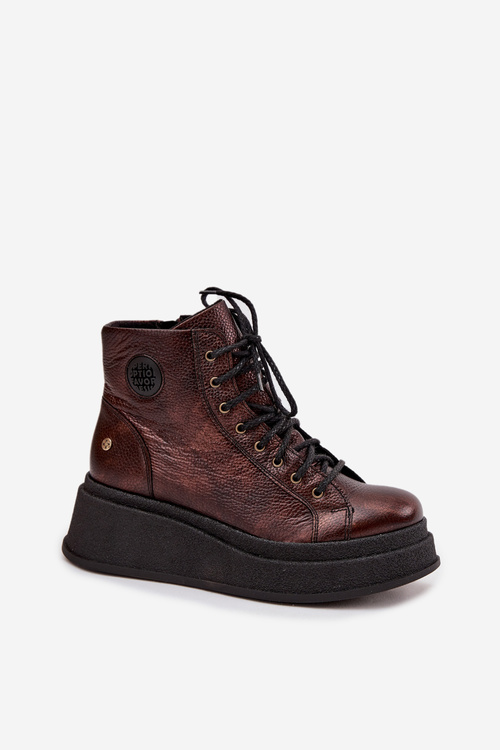 Kožené kotníčkové boty na masivní platformě Maciejka 06309-32 metalický hnědý