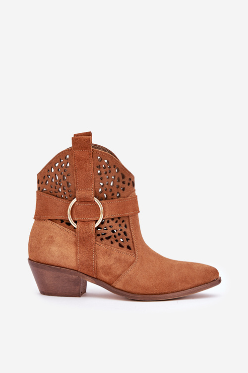 Semišové cowboy čižmy s perforáciou na podpätku 2994 Camel