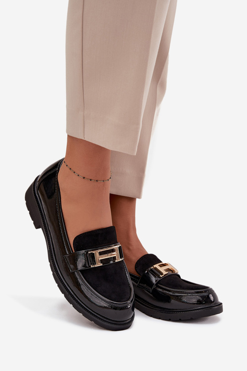 Lakované dámske mokasíny so zlatým detailom S.Barski HY52-545 Čierne