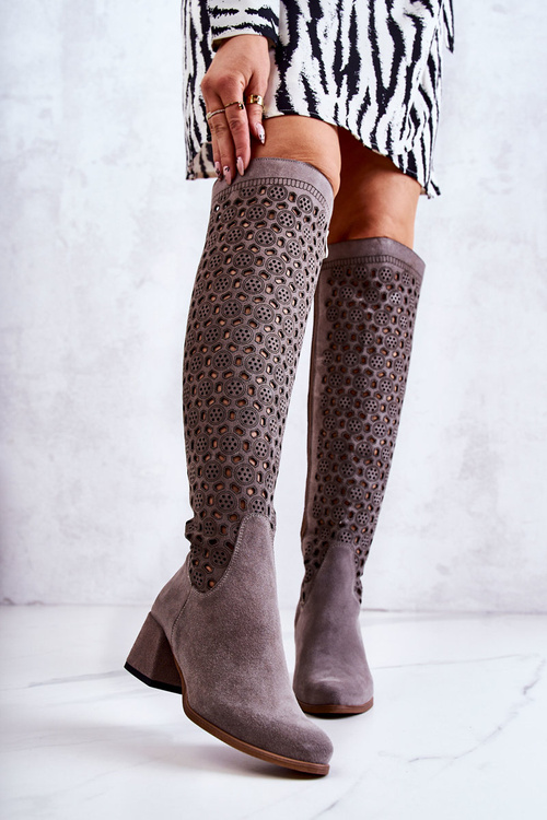 Prolamované Semišové Ploché Kozačky Šedá Hekilea