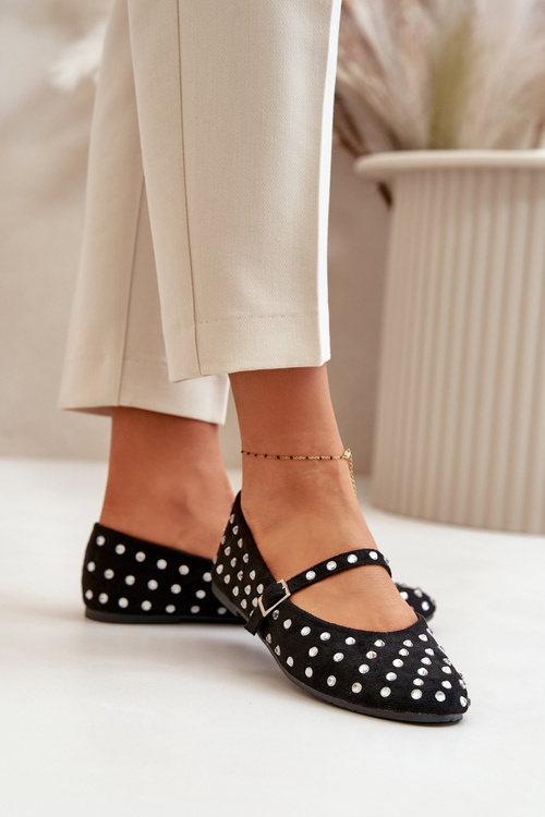 Zdobené baleríny s páskem eko zamšové černé Tirilissa