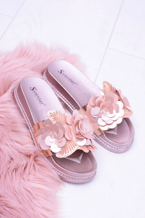 Dámske flip -flops s kvetinovým vzorom ružové zlaté zlato
