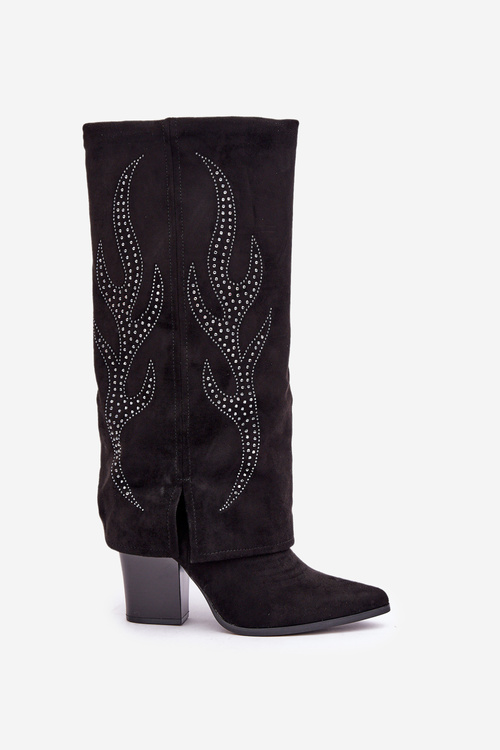 Zdobené kozačky s ohrnutým svrškem na podpatku černé Ivilta