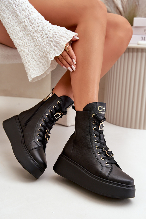 Dámské Kožené Boty Workery S Připínáky Černé CheBello 4294