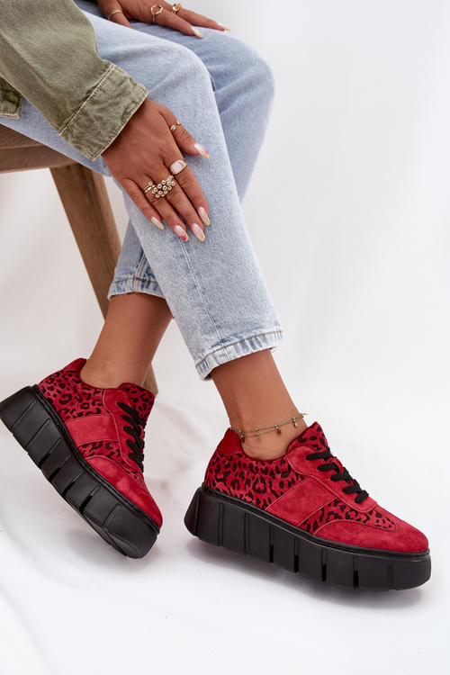 Semišové zateplené dámské tenisky na masivní platformě Vinceza 66841 Leopardo Červené