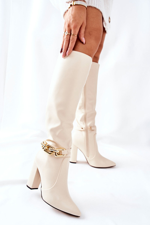 Teplé Kozačky Na Podpatku S Retězem Béžové Franti