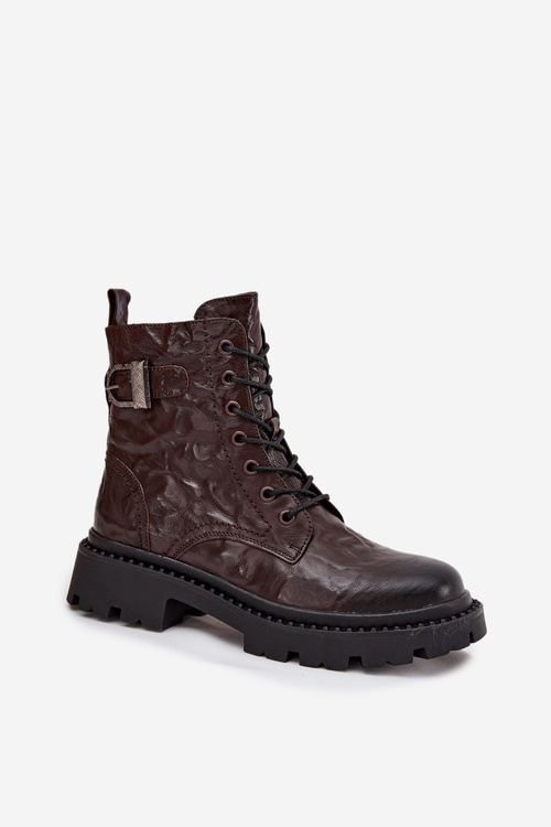 Kožené dámske členkové topánky s efektom pokrčenia a sponou Artiker 57C1007 Čokoládové