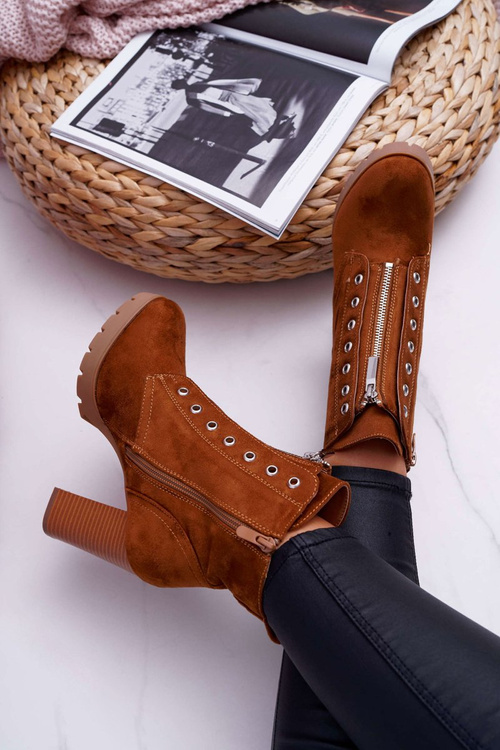 Dámské Koníkové Boty Na Podpatku S Ozdobným Zipem Semišové Camel Imagine