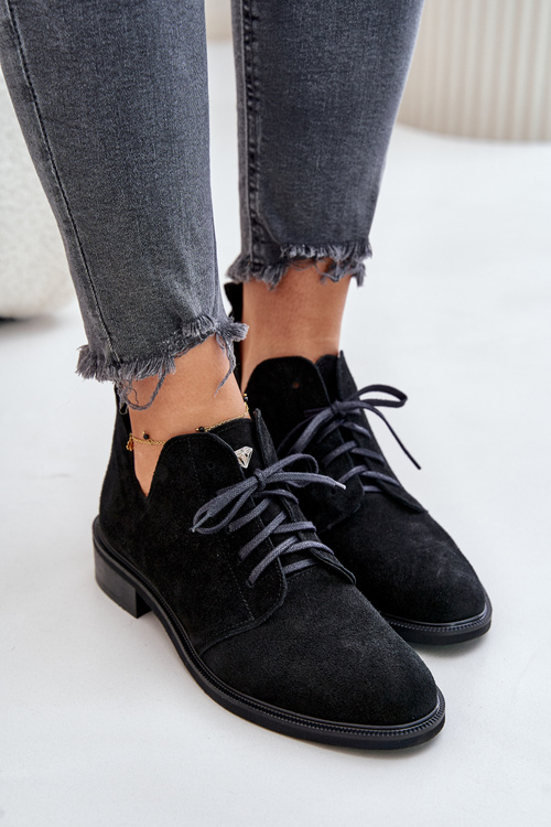 Zazoo 2959 Semišové Polobotky Oxford Krajkové Na Plochéj Päte Čierne