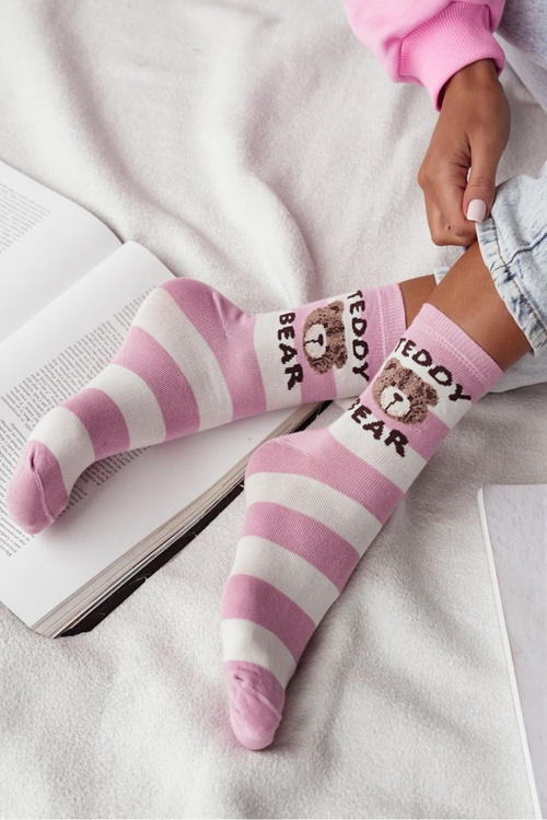 Dámske Ponožky V Pruhoch Teddy Bear Rúžovo-Biele