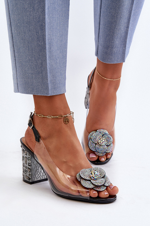 Průhledné sandály na podpatku s ozdobami S.Barski MR38-356 Černé