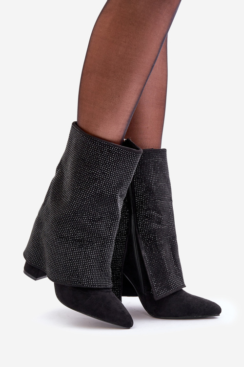 Zdobené Lesklé Kotníkové Boty S Otočeným Svrškem Na Podpatku Zateplené Černé Xistaria