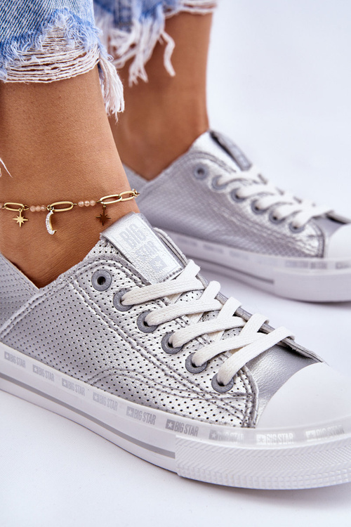 Dámska kožená koža veľká hviezda LL274016 Strieborné tenisky