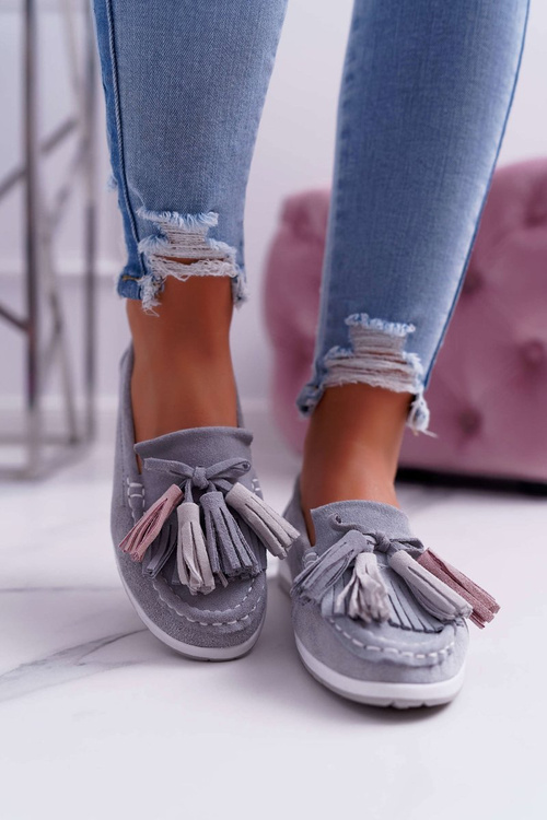 Dámské Mokasíny Kůže Semiš se Třásněmi Šedé Batist