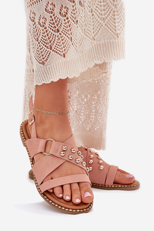 Dámské Sandály Na Plochém Podpatku Se Zlatými Hroty Růžové Zanira