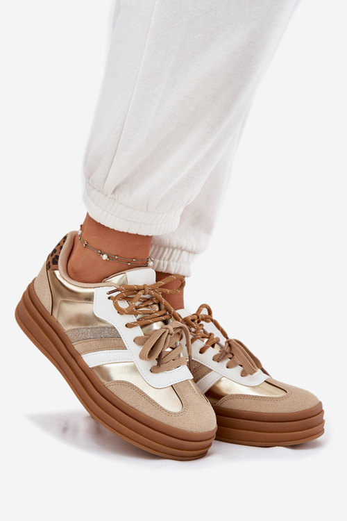 Dámské Tenisky Na Platformě S Dvojitým Šněrováním Leopardí Zlaté Klipy