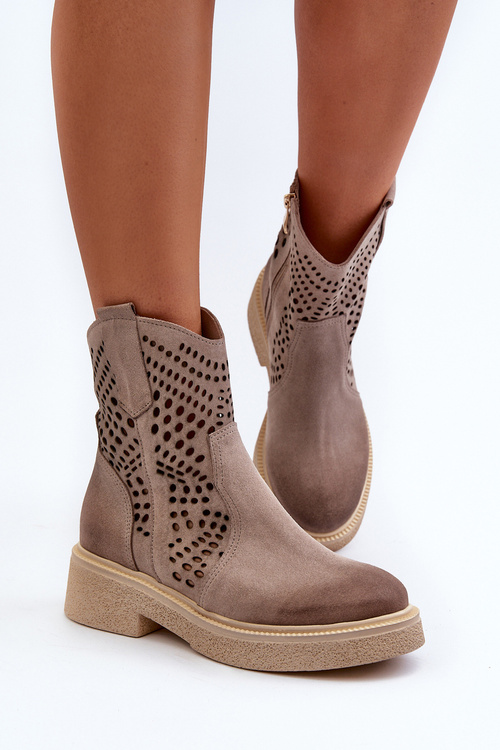 Zazoo 3470 Sametové Dámské Botky Na Ploché Podrážce Vyšívané Cappuccino