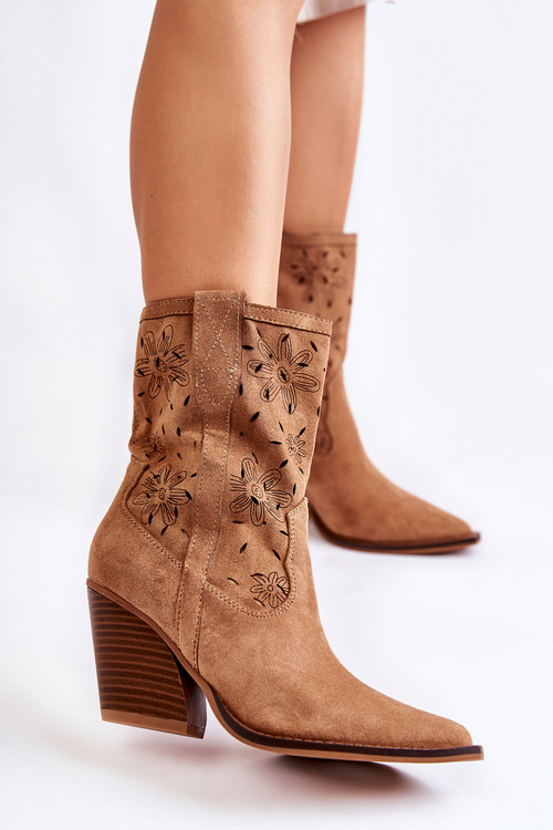 Módne semišové topánky kovbojské topánky s kvetmi Camel Coralie