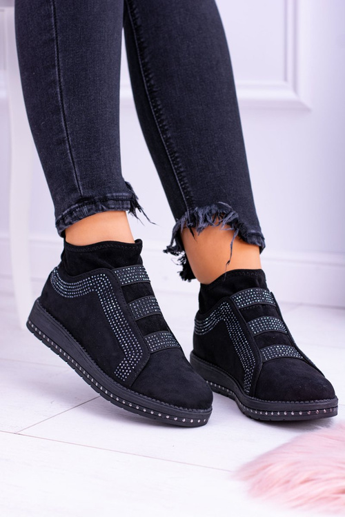 Semišové čierne dámske športové topánky s drobnými zirkónmi