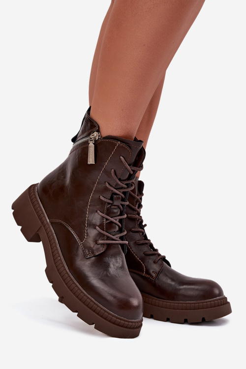 Kožené dámske pracovné topánky s podšívkou Big Star SS274453 hnedé