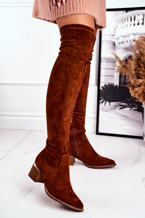 Dámske kolenné topánky Eco-Zamsz Camel Indigo