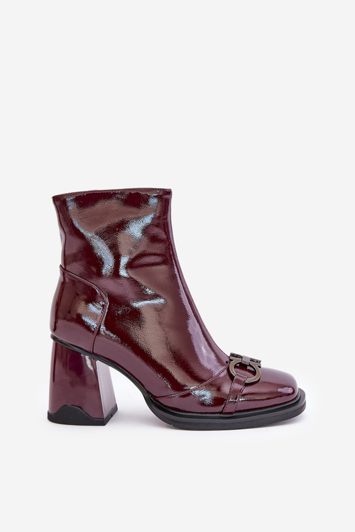 Lakované boty na podpätku zateplené s ozdobou D&A MR880-021 bordové