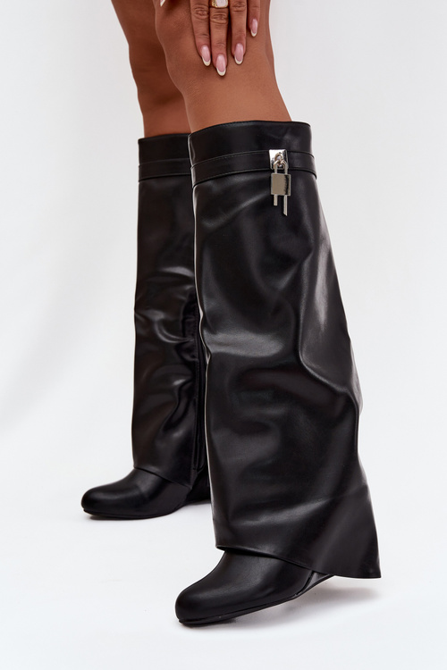 Dámske čižmy na platforme s pásikom a strieborným detailom Eko koža Čierne Korivelle