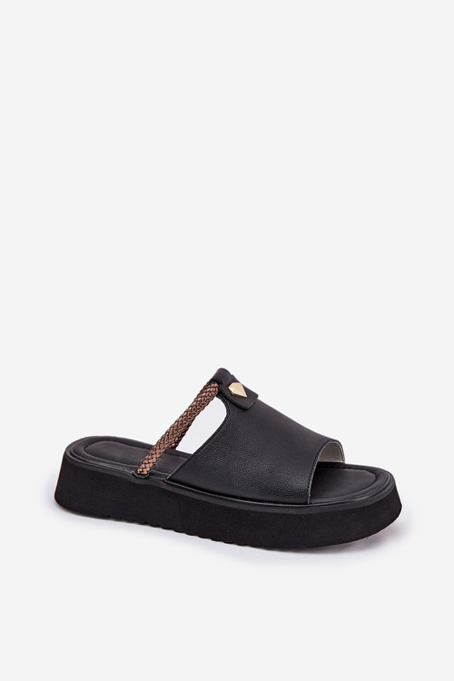 Kožené Dámské Pantofle Na Platformě S Dekorativním Páskem D&A MK51-475 Černé