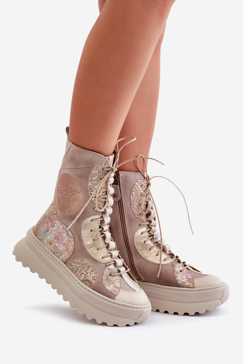 Kožené Semišové Čižmy Na Platforme Zateplené Maciejka 06565-04 Béžové