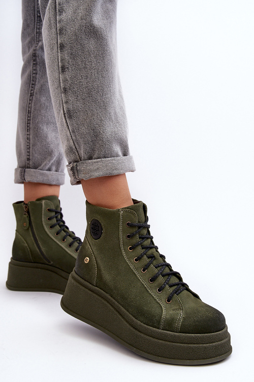 Suede topánky na masívnej platforme Maciejka 06309-24 Olive
