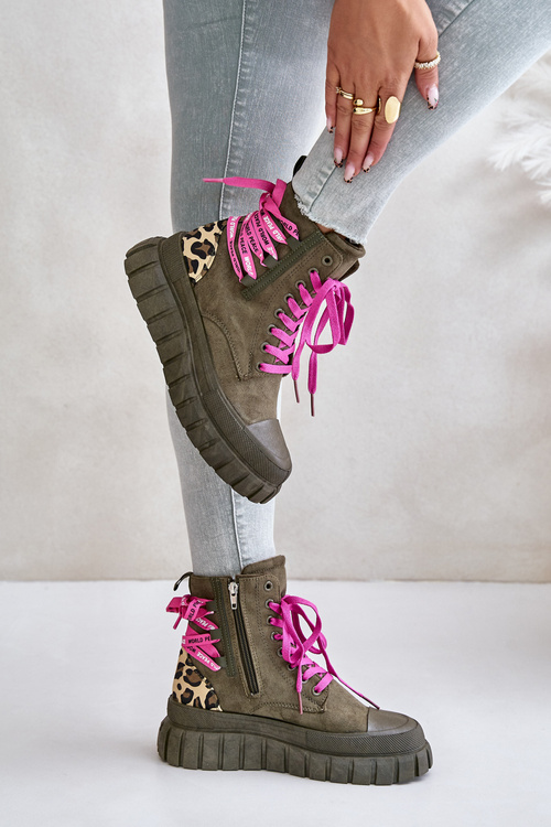 Dámské botky na platformě s ozdobným šněrováním leopardí zelené Edidda