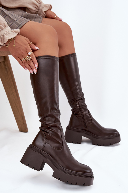 Dámske čižmy s masívnym podpätkom a platformou na zaväzovanie Hnedé Florinne