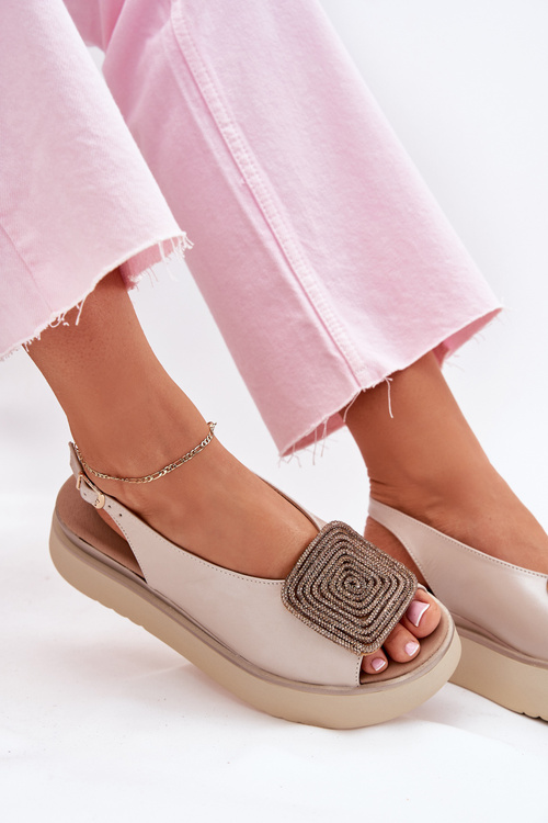 Zazoo 1786 Kožené Sandály Dámské Na Platformě S Dekorací Perlově Béžové