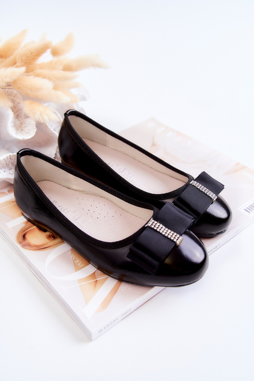 Kožené detské baleríny s dekoratívnou lukom čiernou klailou